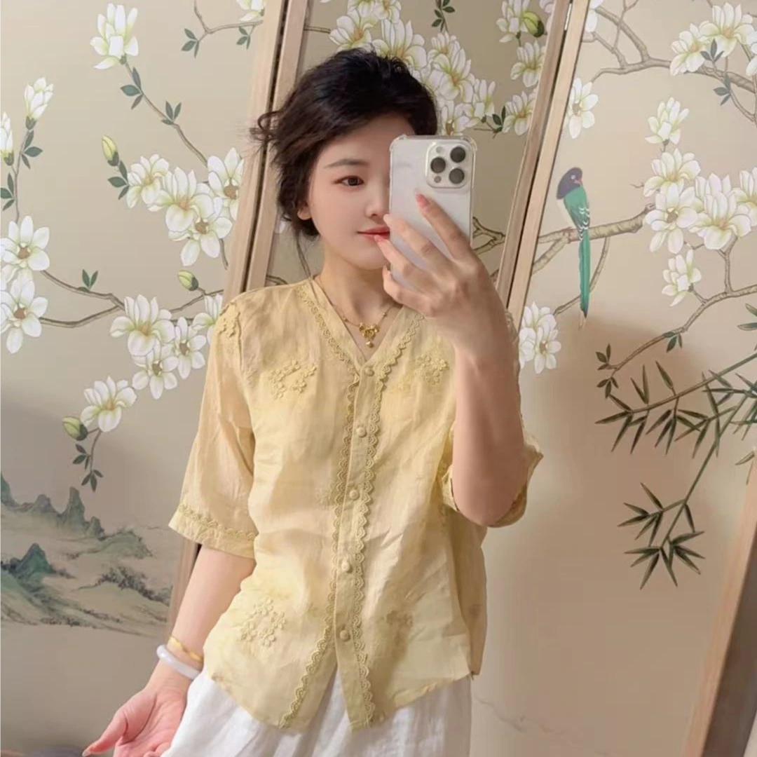 82581 国风中式刺绣单排扣苎麻衬衫2025夏季新款百搭时尚女装上衣