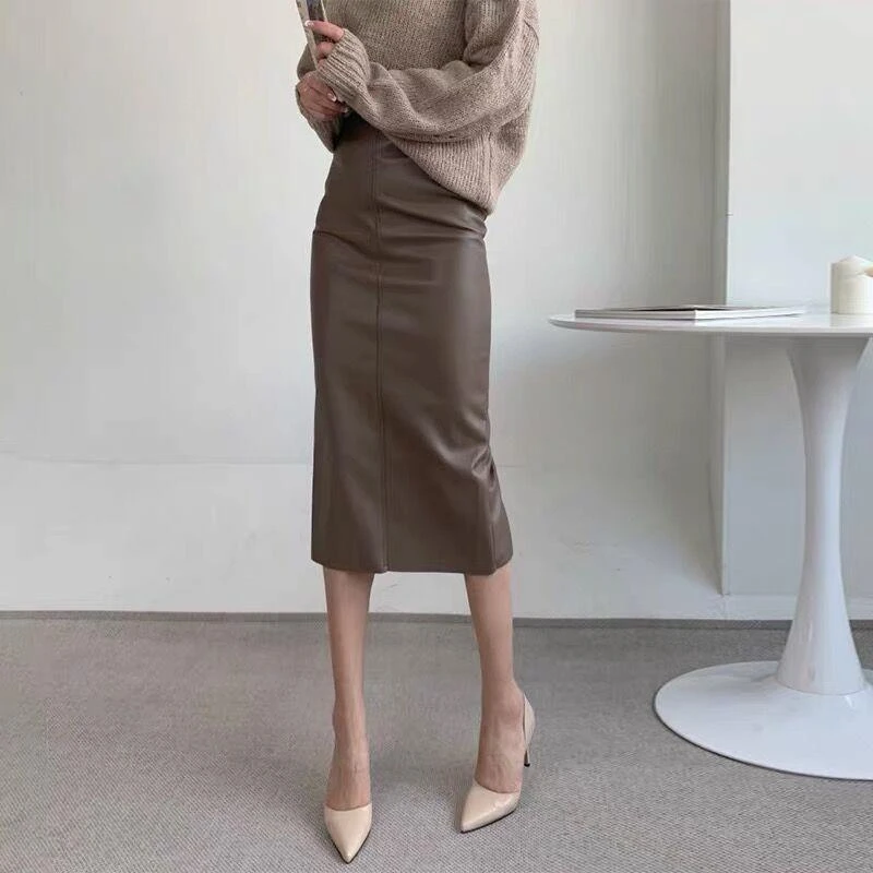 开 叉皮裙半身裙女PU裙2025新款春秋显瘦中长版直筒裙包臀一步裙