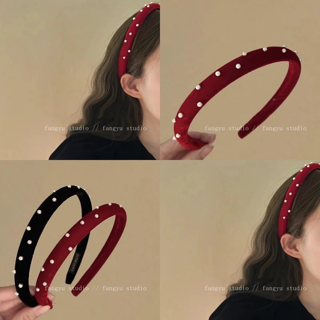 法式覆古~酒红色珍珠丝绒发箍~甜美少女外出百搭简约细边头箍头饰