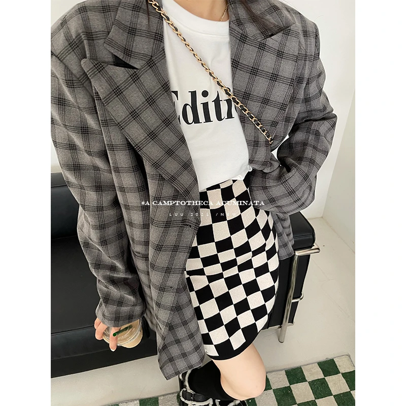 LUU桃喜儿/格子针织裙高腰半身裙女棋盘格a字黑白包臀短裙子弹力
