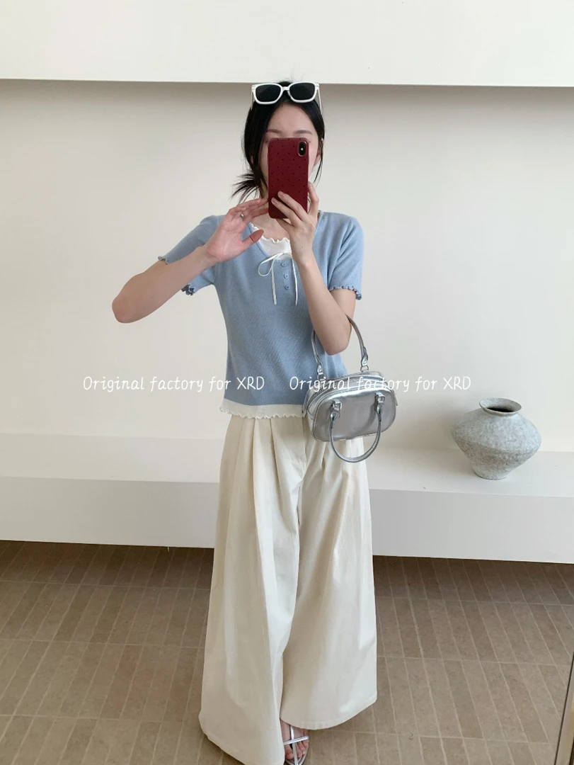 木耳边常规款辣妹风圆领短袖T恤设计感夏季牛仔风