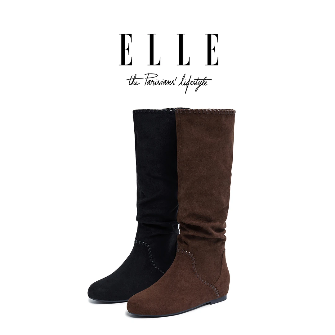 ELLE女靴复古巴恩风西部靴2025新款高筒堆堆长筒靴手工缝线烟筒靴