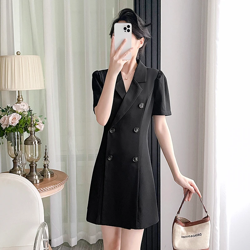 夏季短裙职场西装连衣裙法式黑裙职业双排扣小个子女神范西装裙
