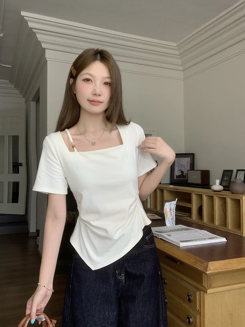 【运费补贴】2025新款胖mm大码女方领镂空不规则显瘦短袖上衣A1419