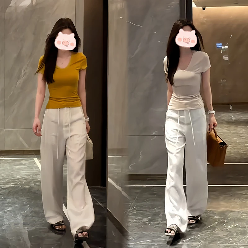 夏季简约休闲风穿搭一整套纯色上衣短袖搭配宽松显瘦休闲裤套装女