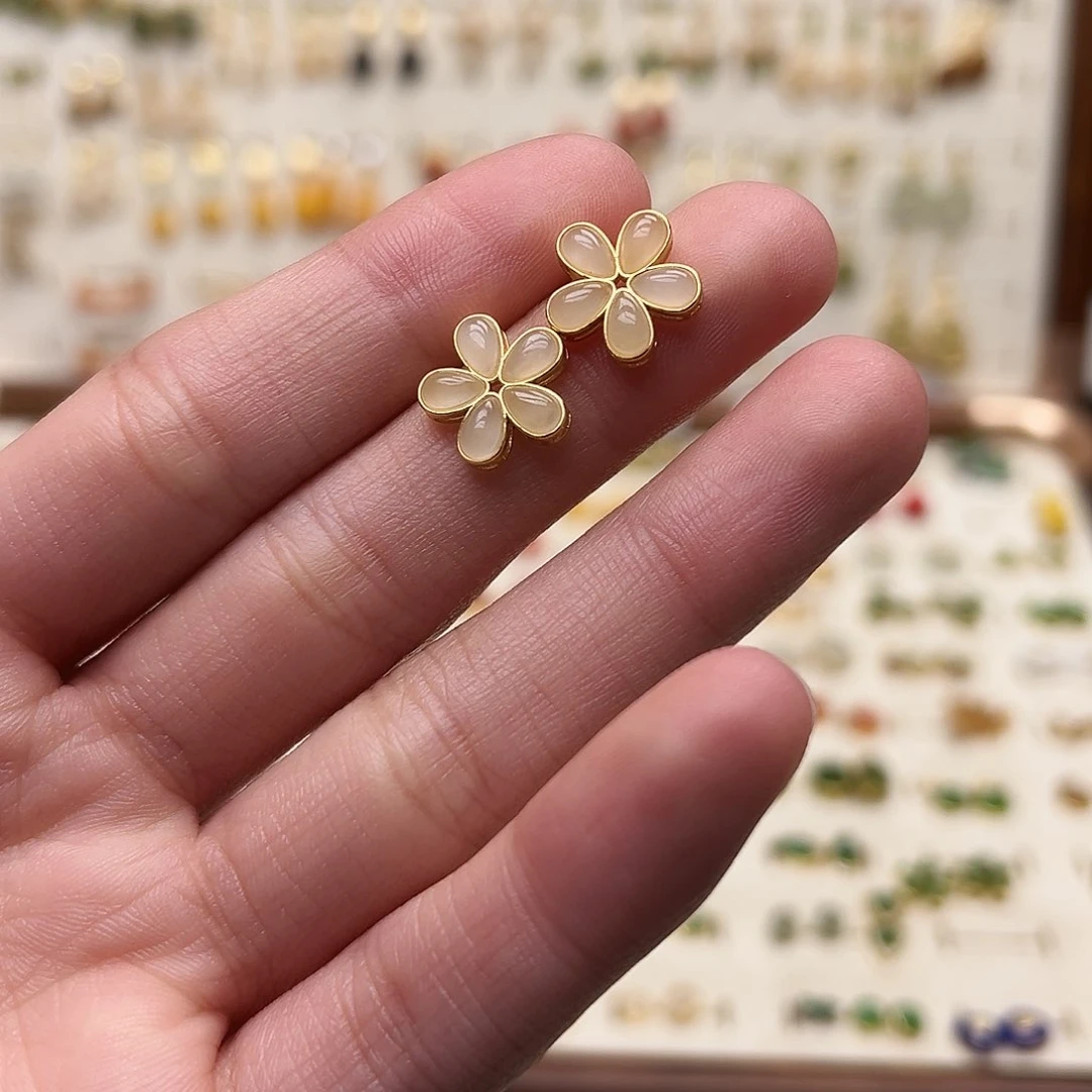 银S925镀金镶嵌和田玉耳钉