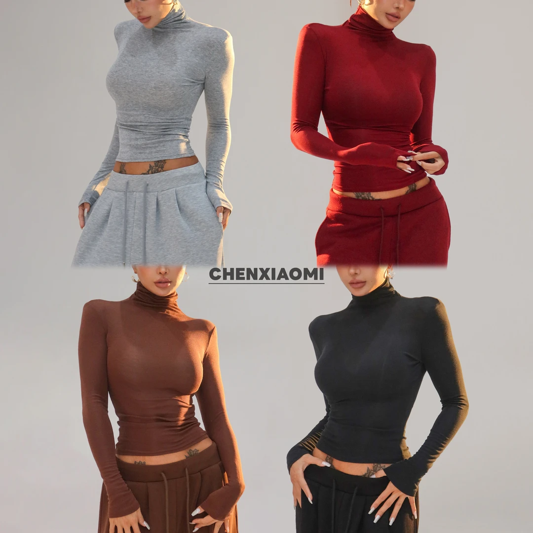 【蜜蜜家】都市丽人 欧美辣妹堆堆领高领莱赛尔微透长袖上衣25/Z706