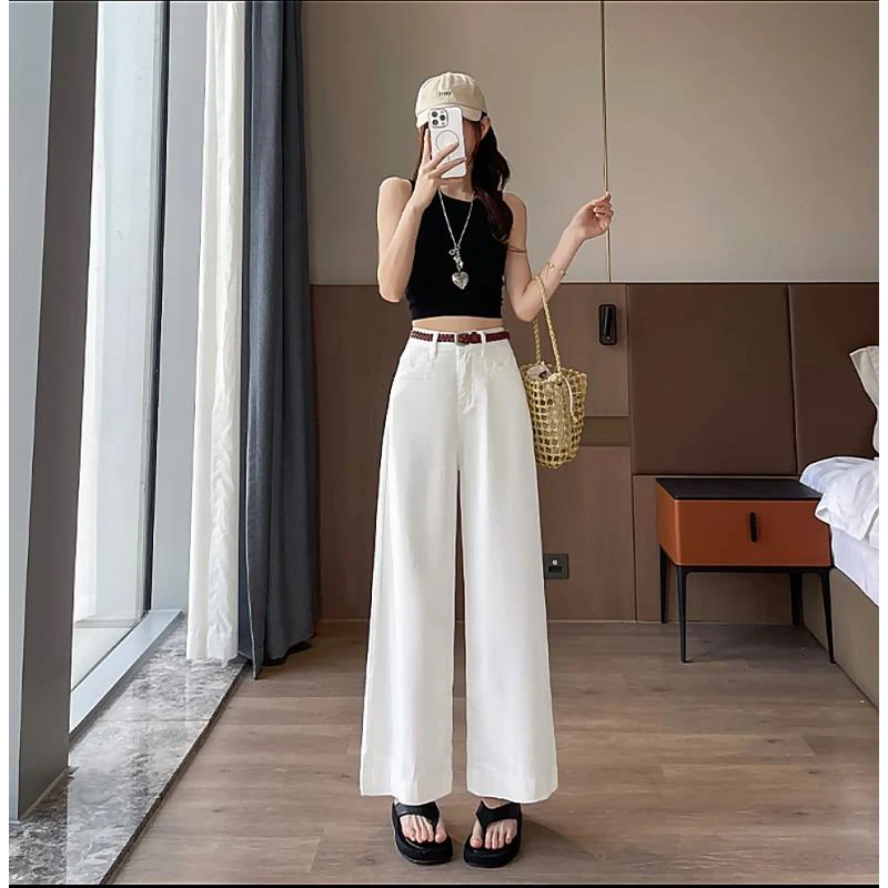 夏季白色莱赛尔天丝小个子阔腿牛仔裤女薄款九分宽松垂感直筒女