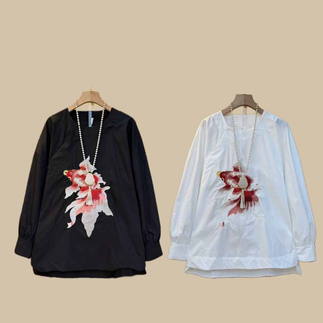 （好运锦鲤）深圳南油大码定制新中式新年款衬衫重工刺绣9382