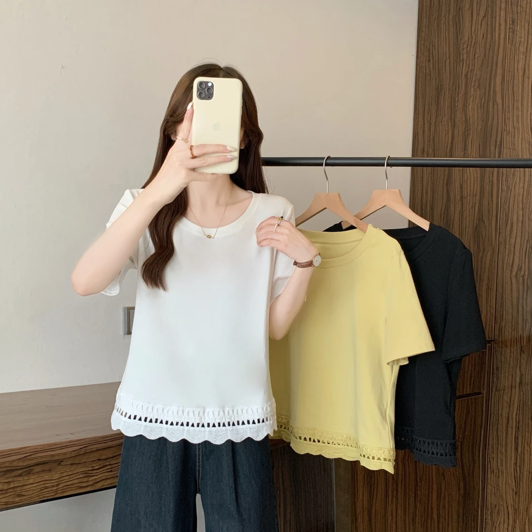2025夏装新款胖mm大码镂空波浪花边短袖T恤女正肩纯欲慵懒风女装