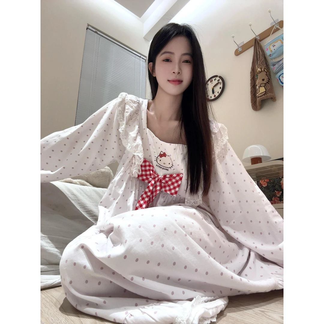 甜美蝴蝶结波点睡裙睡衣女春秋季新款舒适可外穿家居服长袖连衣裙