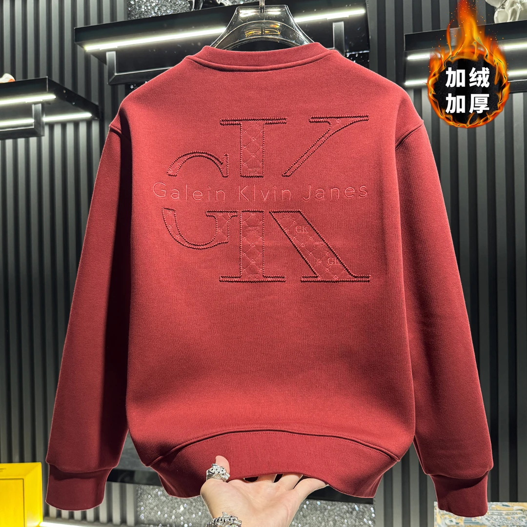 欧洲站男士时尚个性圆领加绒卫衣刺绣简约纯色个性上衣保暖套头男