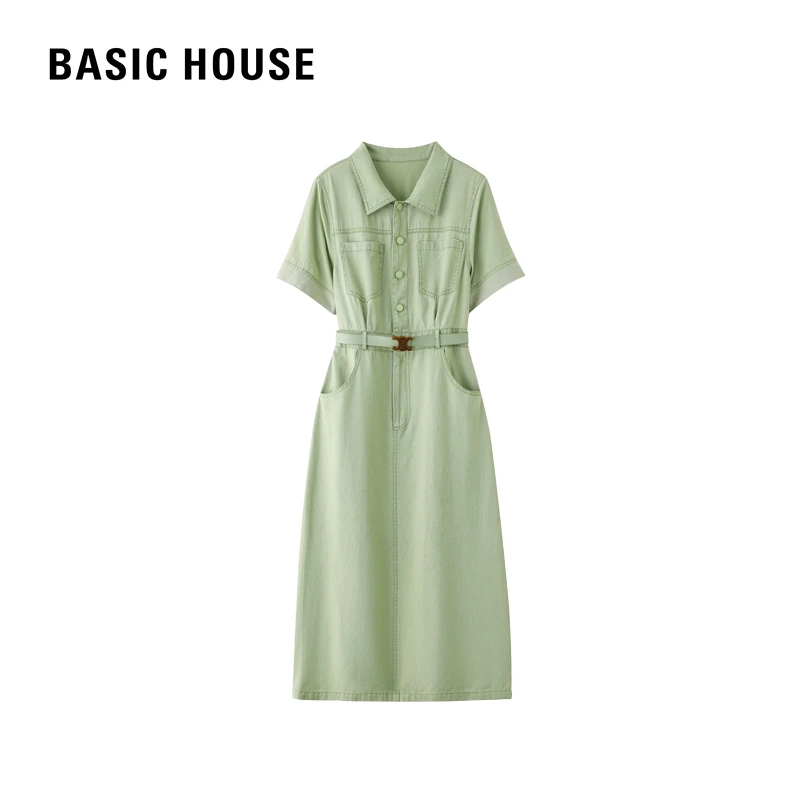 Basic House/百家好夏季新款显瘦时尚休闲法式轻奢收腰牛仔连衣裙