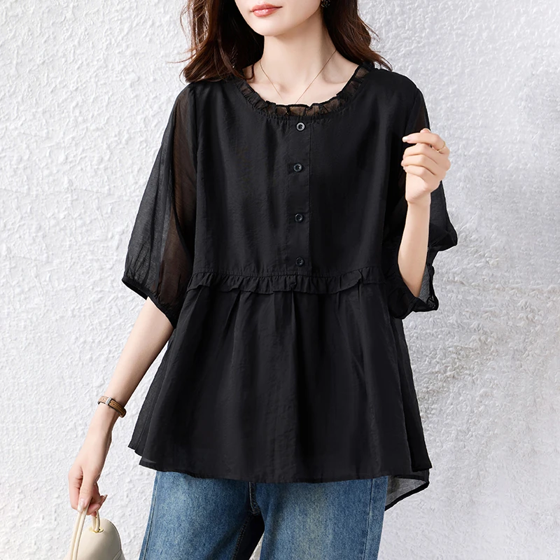 黑色圆领短袖衬衫女夏季2025新款时尚宽松遮肚子显瘦雪纺小衫上衣