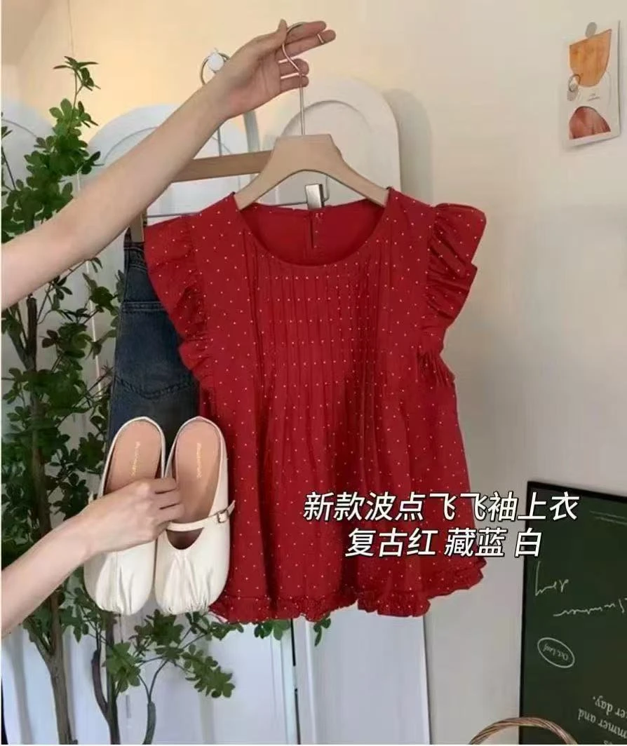 99080新款波点飞飞袖上衣小衫时尚洋气遮肉显瘦
