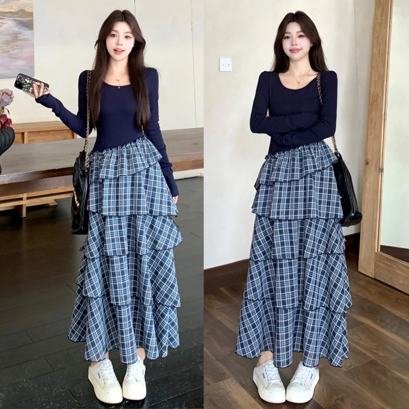 大码胖mm女装秋季新款设计感拼接格子蛋糕连衣裙长裙女