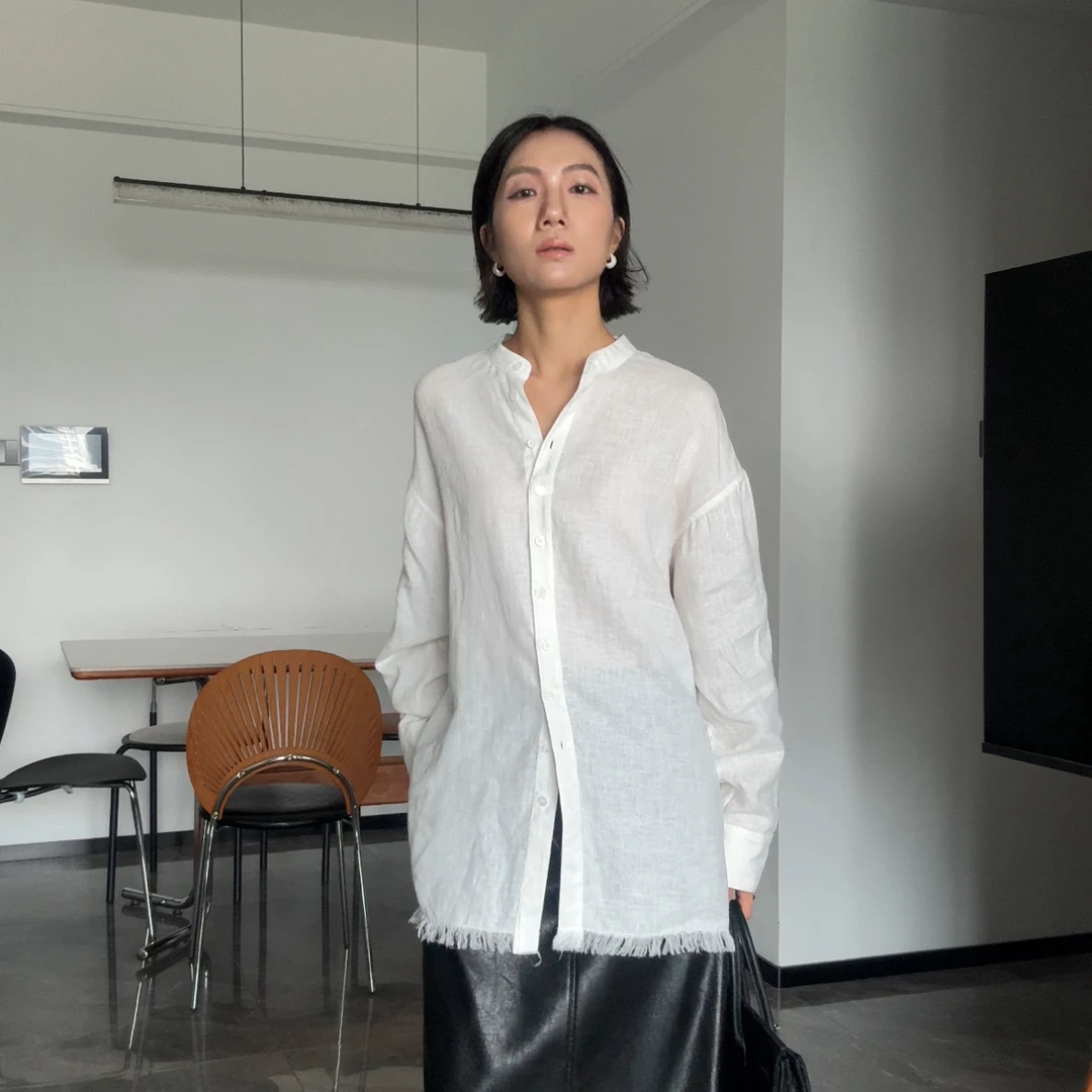 山阶 亚麻立领慵懒流苏衬衫 老钱宽松廓形上衣休闲显瘦高级衬衣