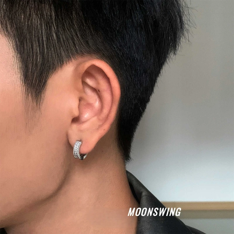 合金耳饰 满锆双排钻耳钉男手工镶嵌小众设计百搭轻奢耳环韩版ins