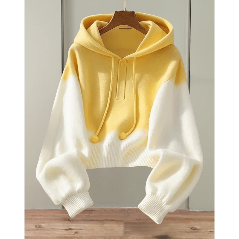 霖优宽松高级感连帽毛衣卫衣女2025春秋季新款洋气拼色针织衫上衣