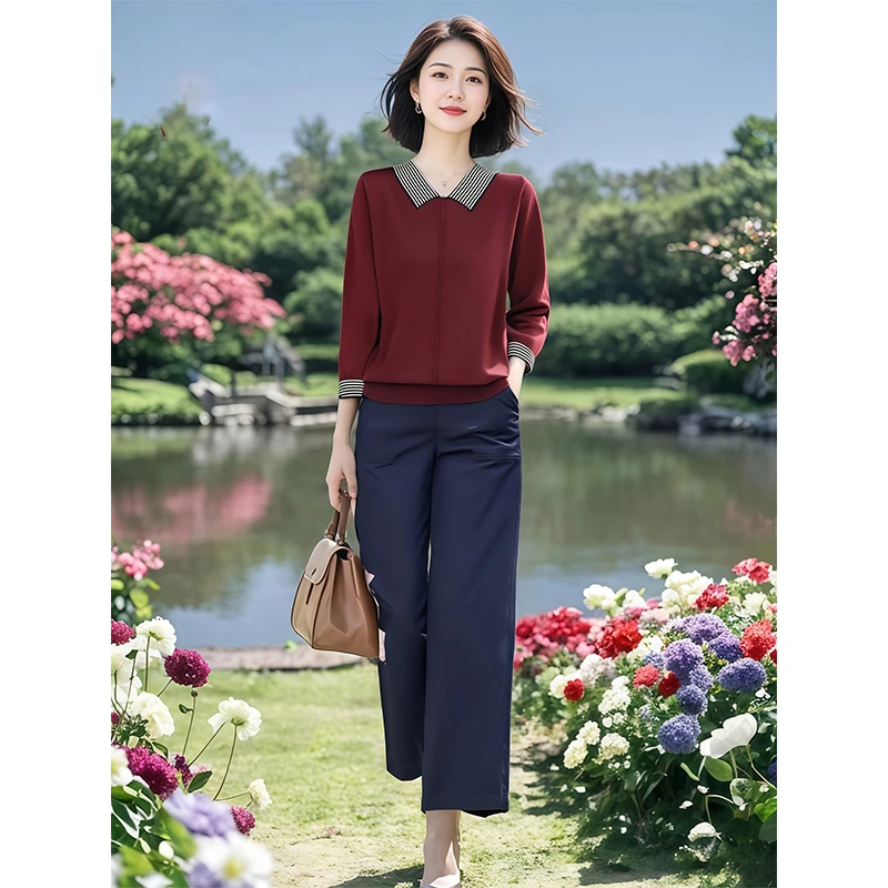 2025早秋新款法式轻奢穿搭条纹拼接七分袖针织衫+九分直筒裤套装