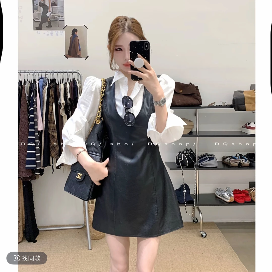 德鲁纳千金2025早秋新款时尚小个子法式千金减龄衬衫皮裙气质套装