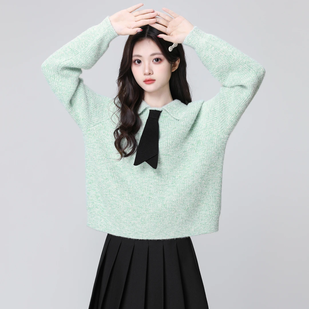 绿色领结翻领毛衣女秋冬2025冬新款软糯宽松可外穿内搭针织衫上衣