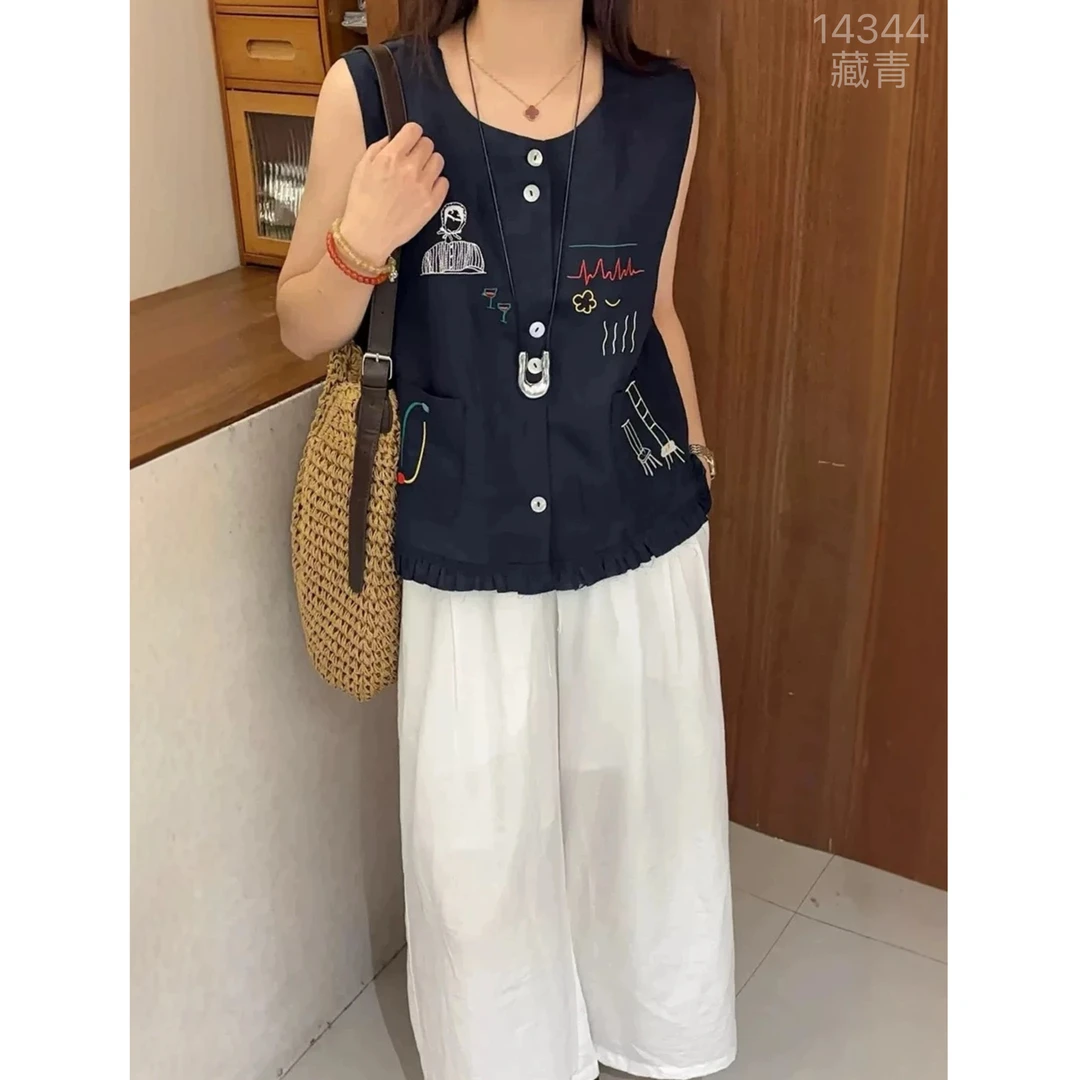 14344 SANFAN 新款刺绣下摆拼接开衫无袖马甲