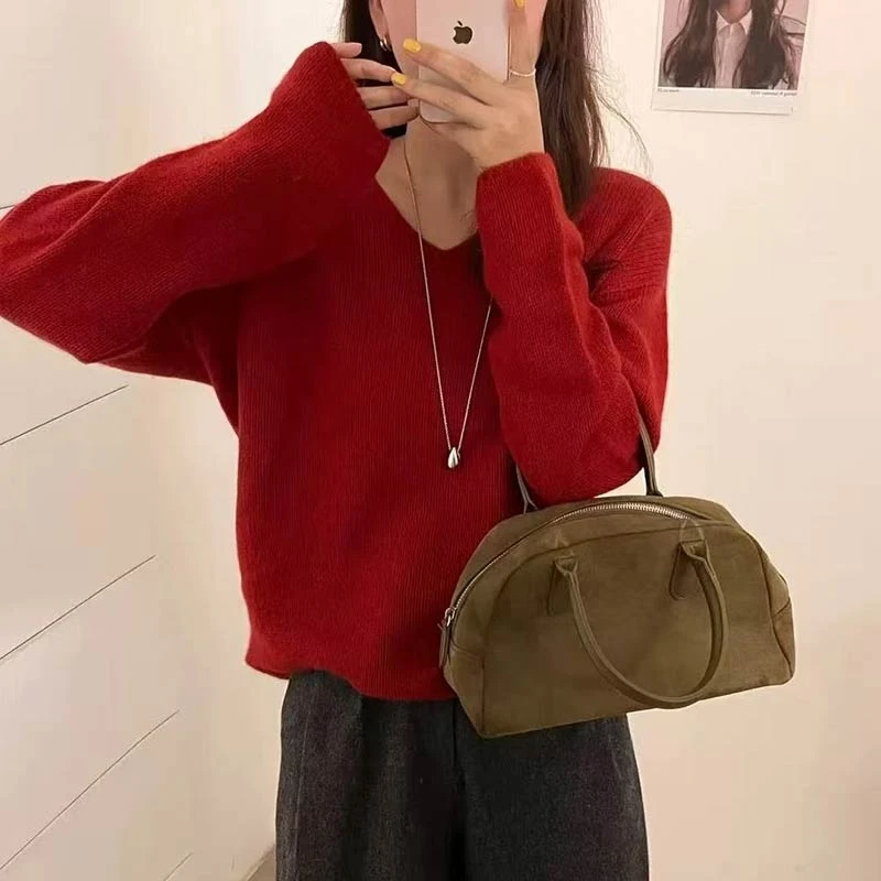 早秋穿搭简约气质V领毛衣女宽松百搭休闲长袖针织衫-5269
