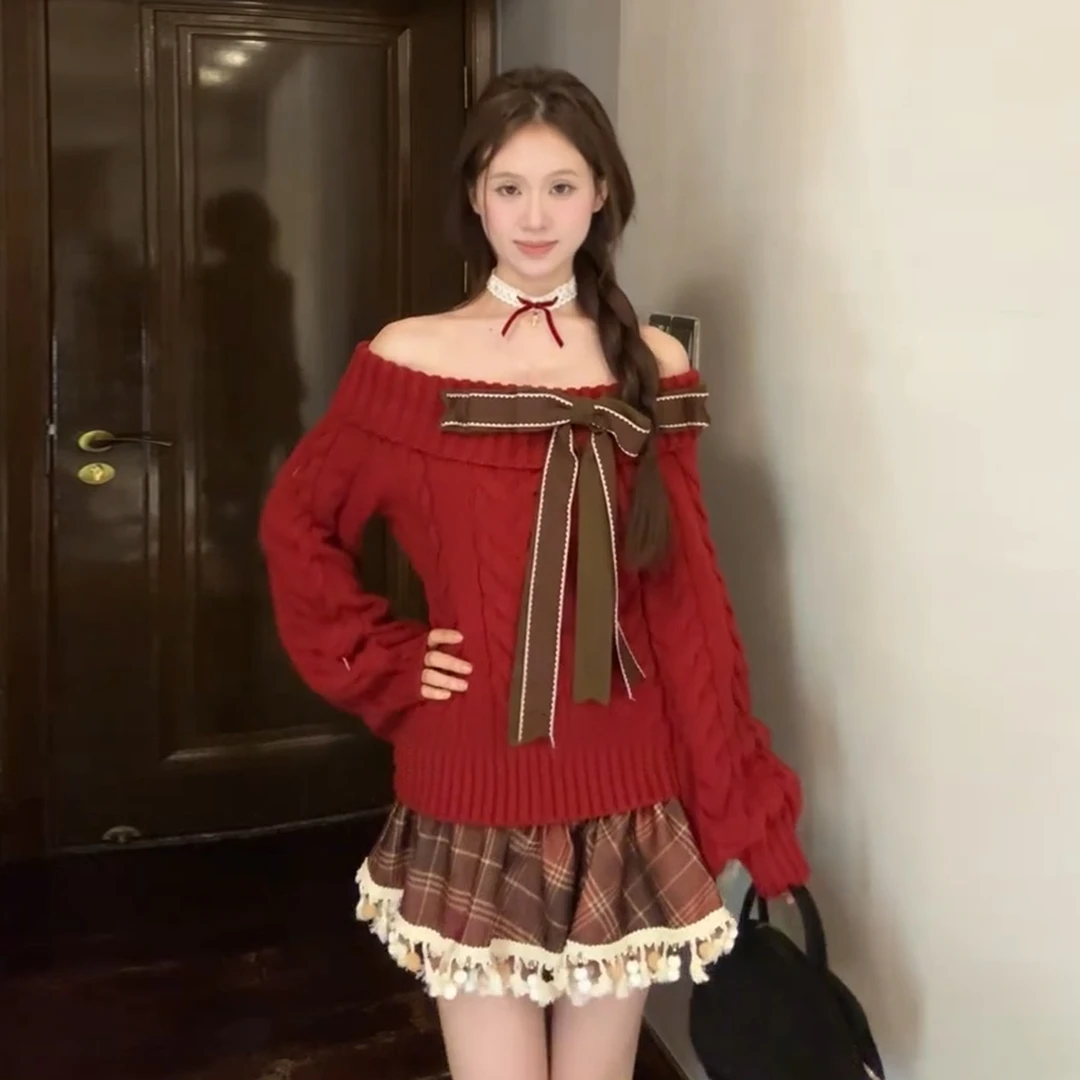 新年穿搭红色毛衣连衣裙女秋冬2026新款巨好看穿搭一整套短裙套装