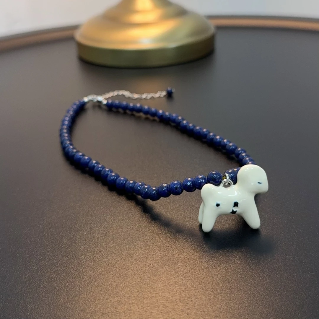 合金玻璃项链 蓝色珠串小马吊坠项链撞色小众新中式NEGlc 0674