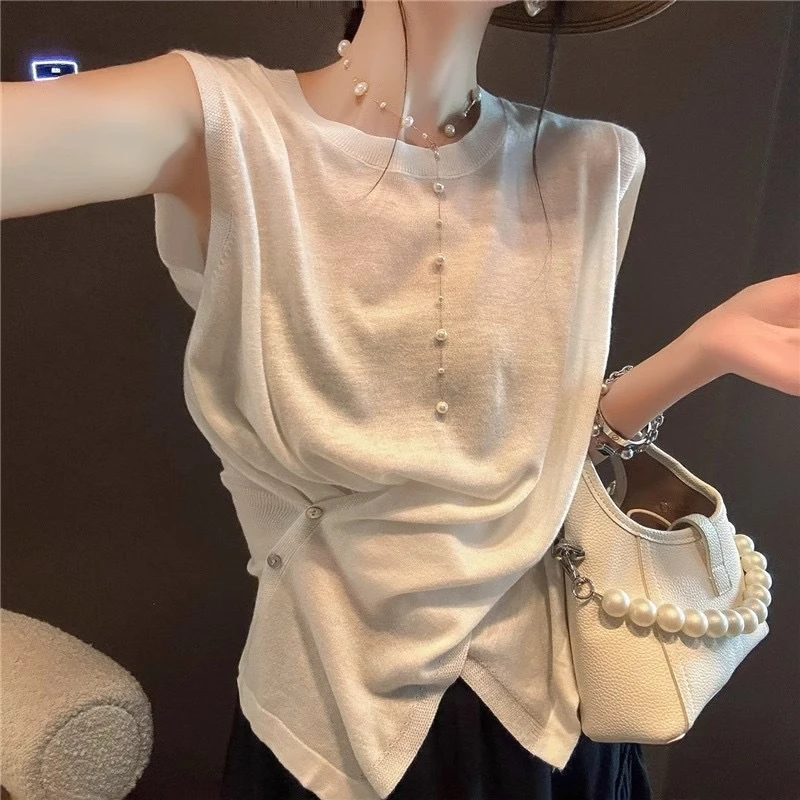 冰丝针织无袖t恤女夏季薄款设计感小众小香风不规则短款背心外穿