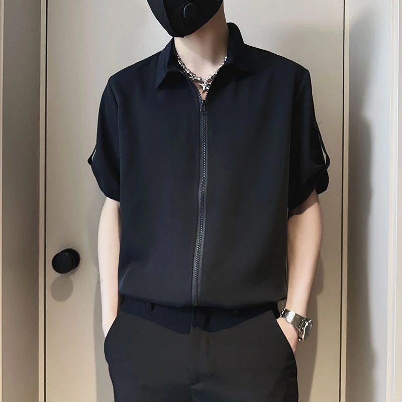 男士冰丝速干拉链衬衫短袖2025夏季新款潮牌寸衫纯色百搭垂感衬衣