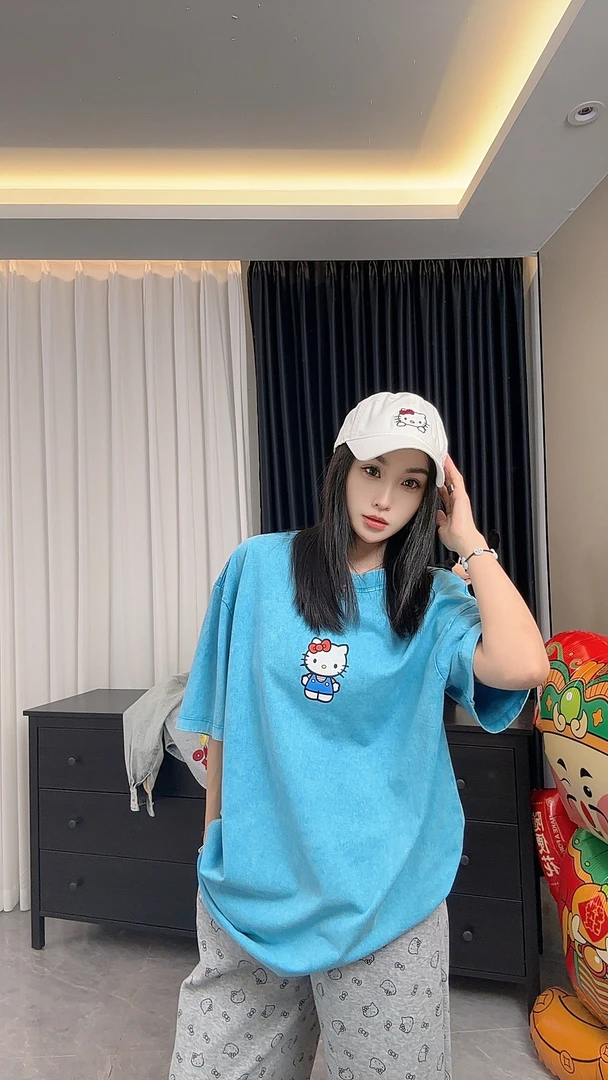 【劉發發】W444【做旧蓝猫】新款时尚韩版宽松休闲百搭做旧猫咪T恤