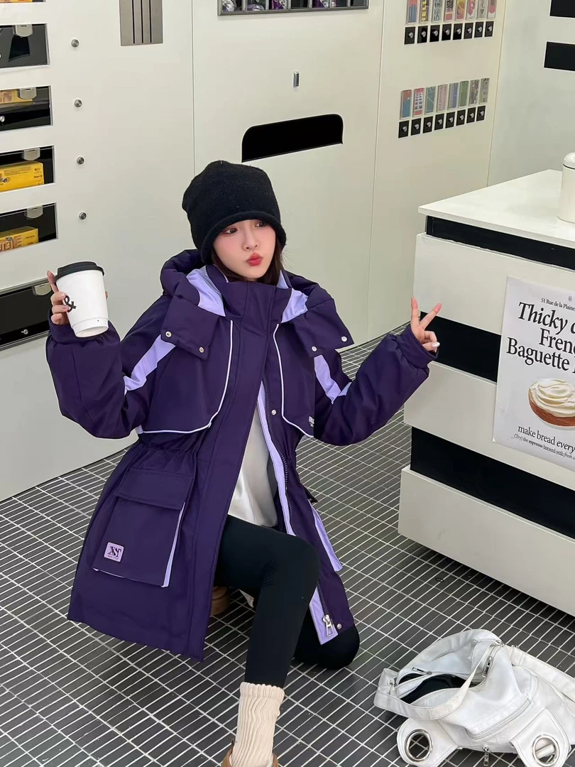 工装冲锋衣2024年冬季新款派克服时尚撞色连帽中长款外套女百搭