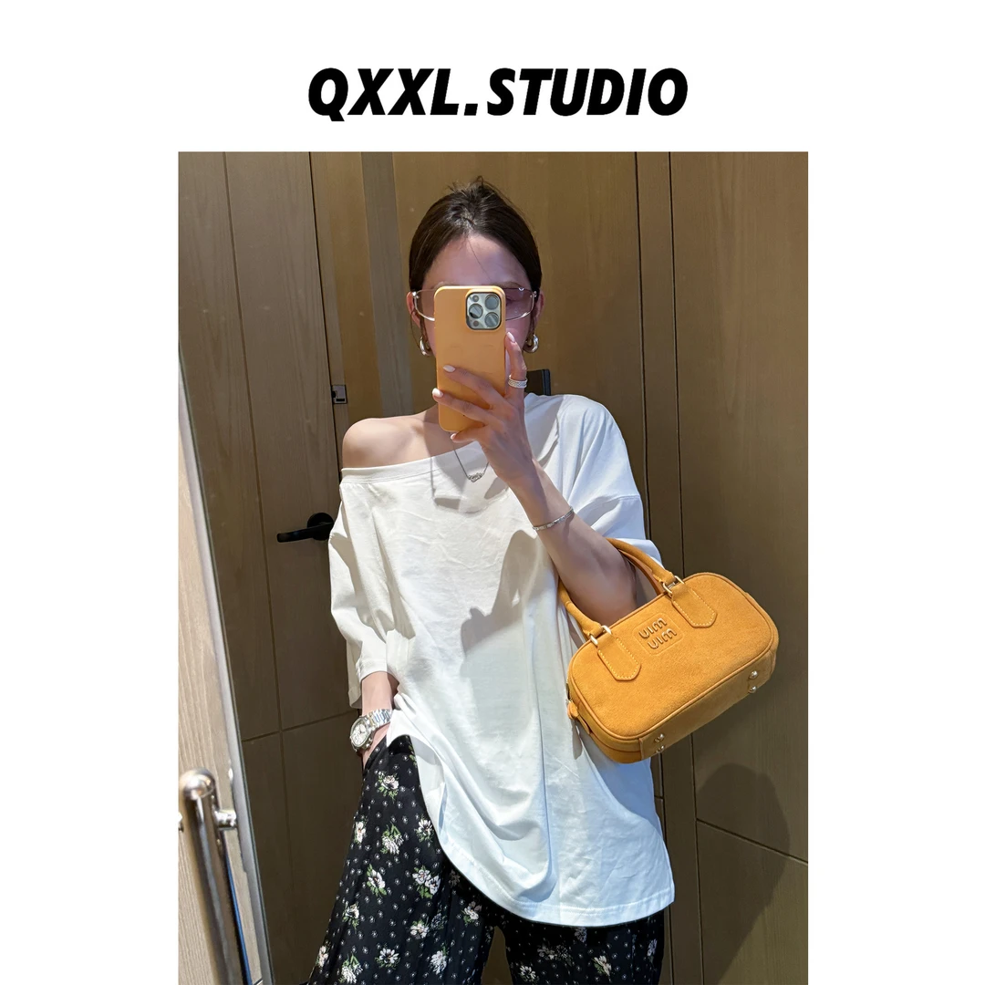 邱小小丽呀 夏季韩版一字领露肩短袖T恤百搭显瘦简约薄款上衣女