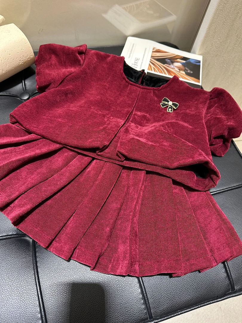 女童拜年服冬装儿童加绒加厚小香风红色外套百褶裙套装裙LL6027