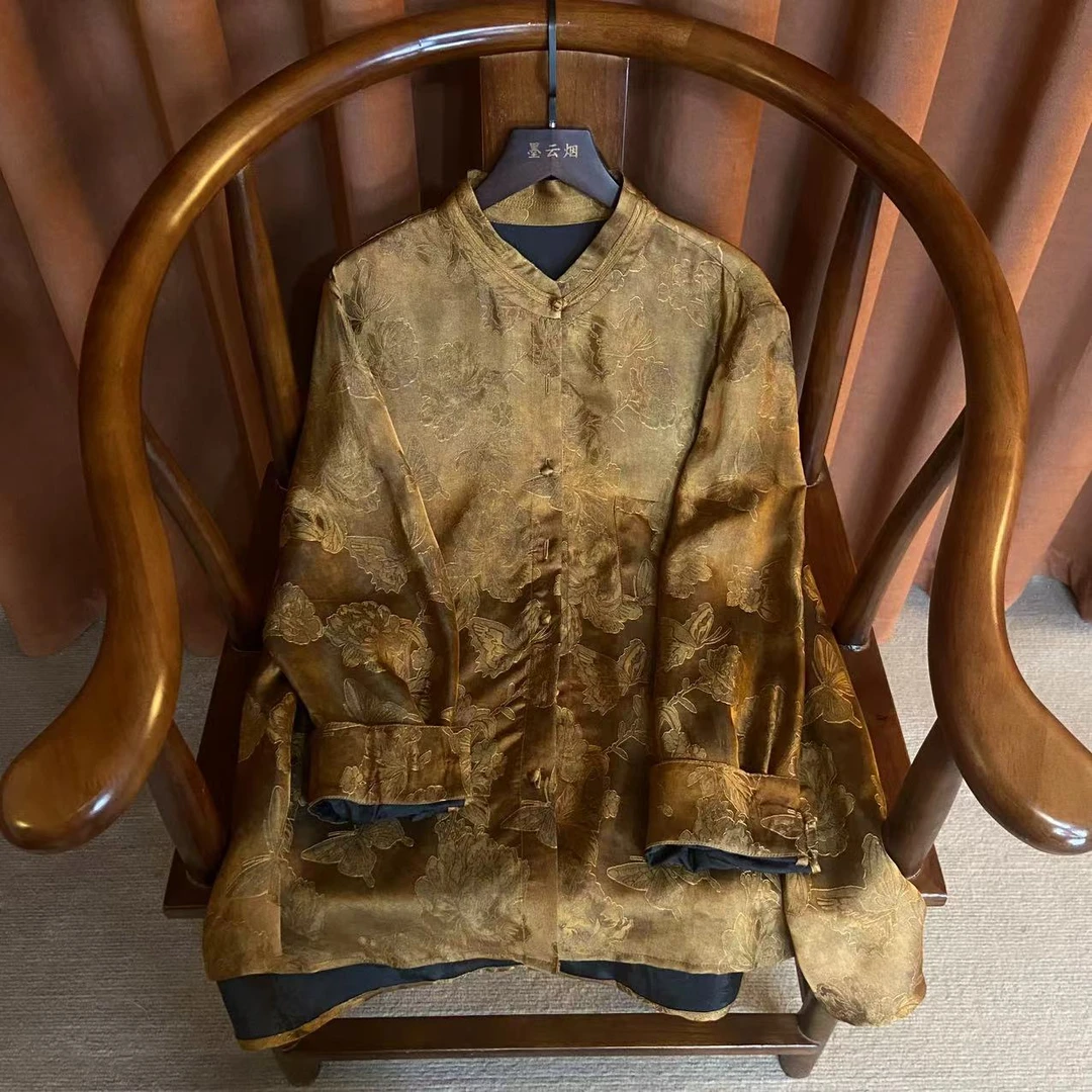 【玫蝶】薄款植物花卉对襟新中式纯色复古上衣短外套秋季女9115