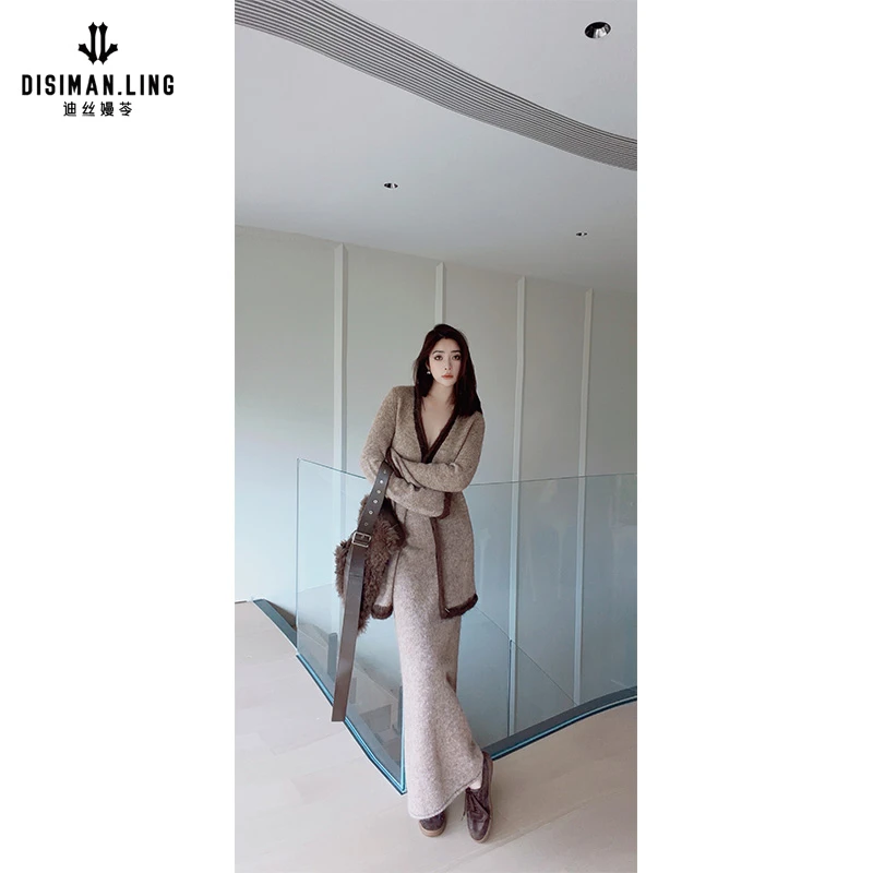 【迪丝嫚苓】咖色绵羊毛套装时尚休闲秋冬气质显瘦小众优雅原创设计