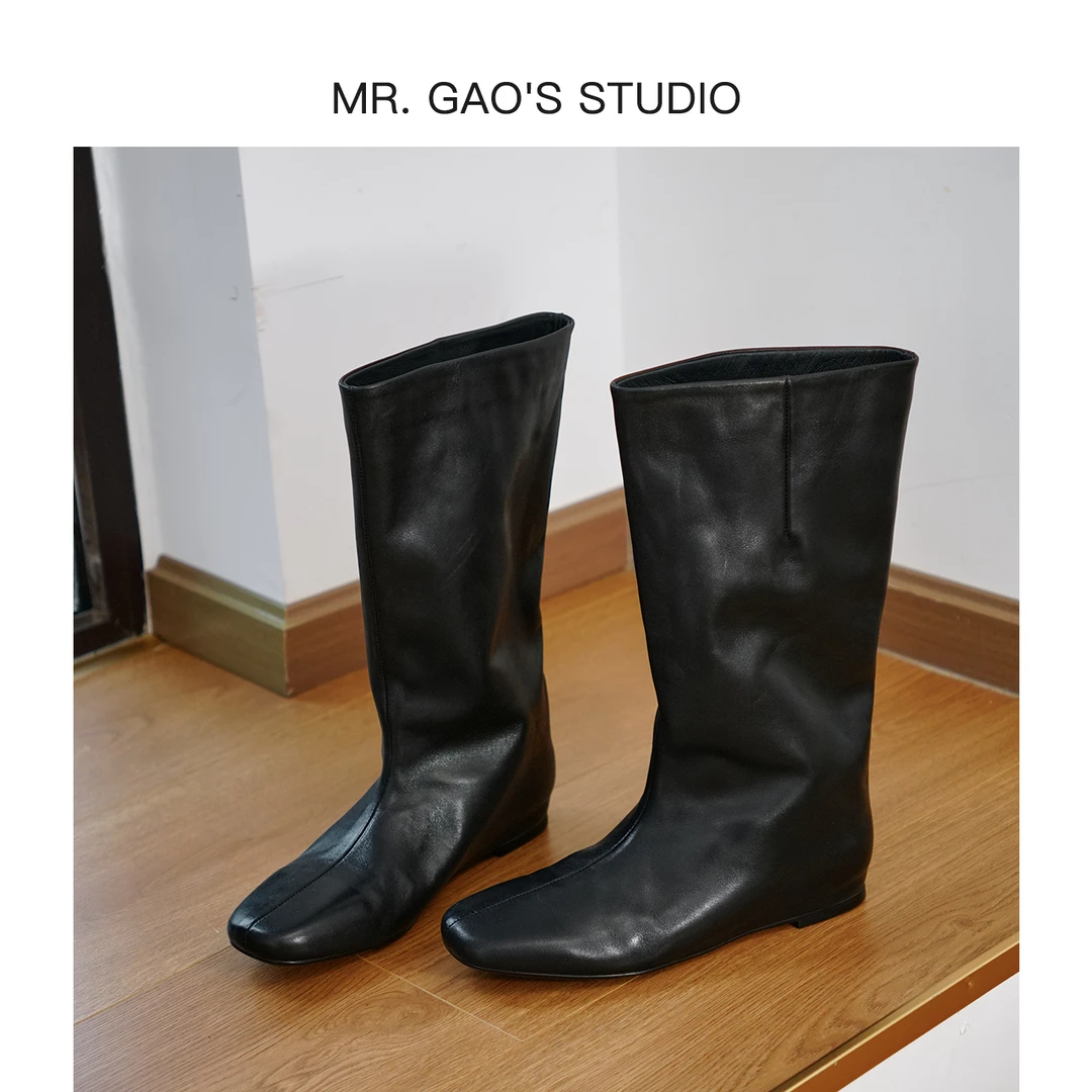 25新款复古秋冬时尚时装靴百搭方头中筒靴真皮粗跟女靴