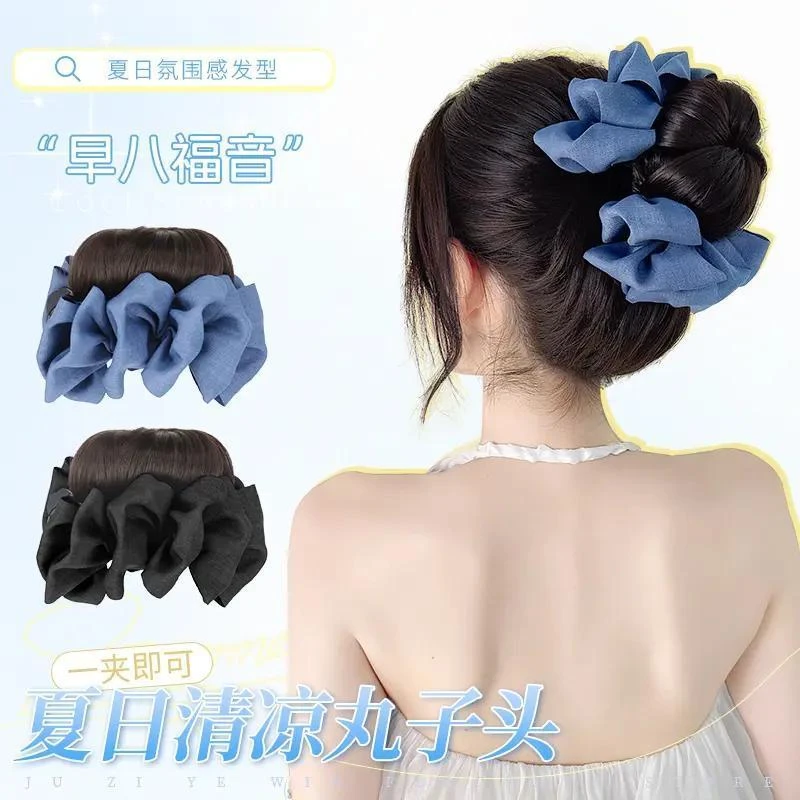 新版本蓝色牛仔抓夹丸子增发量假发女款花苞丸子头
