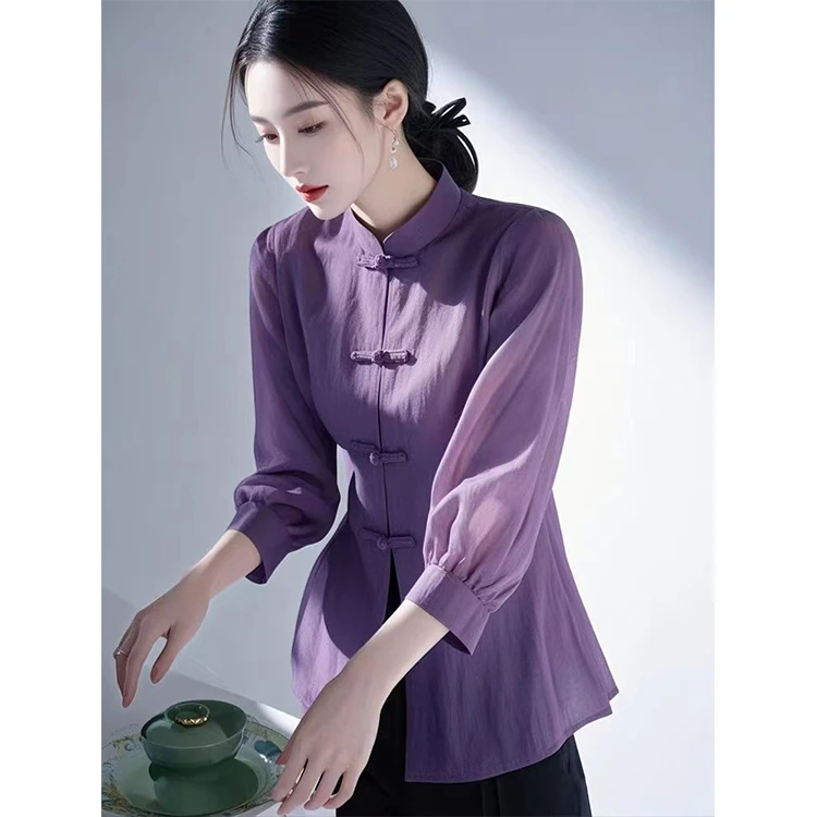 新中式紫色衬衫2025春装新款高级感轻奢设计感法式国风盘扣上衣女