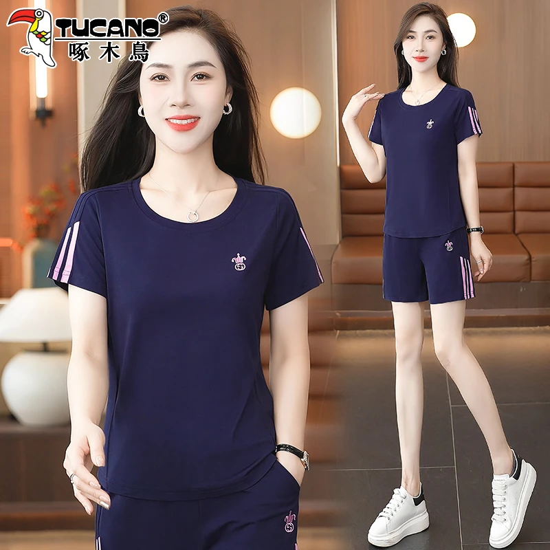 啄木鸟冰丝短袖短裤运动套装女2026新款夏季妈妈休闲跑步服两件套