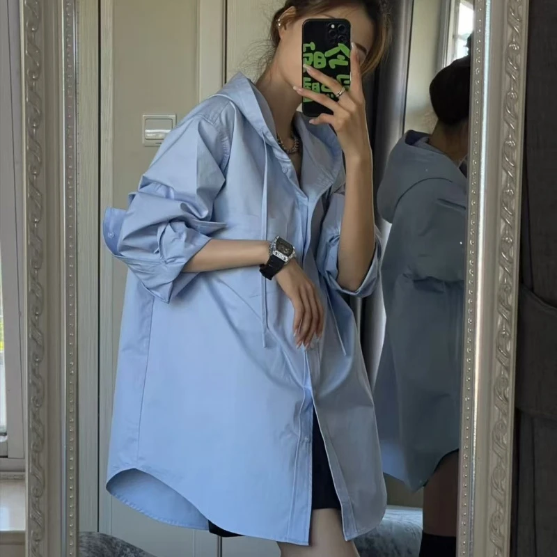 蓝色连帽长袖衬衫女春秋慵懒风设计感百搭小众衬衣宽松港风休闲