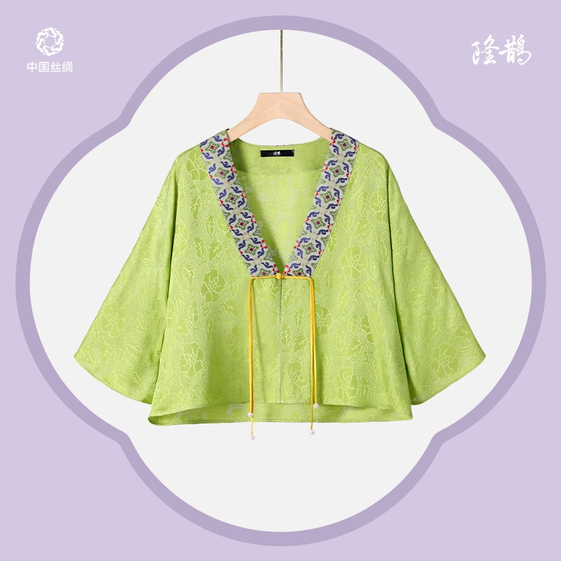 中国丝绸隆鹊『芥末绿罗拼宋锦』罗上衣新中式女装清凉透气百搭时尚