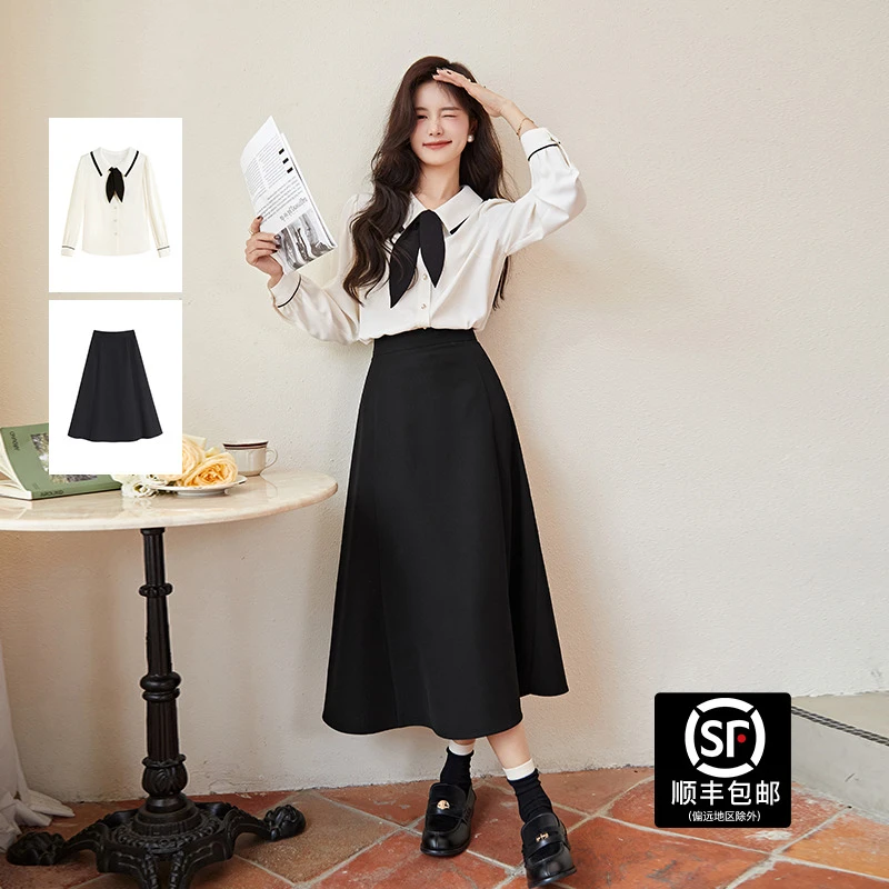 蓝语大码女装微胖M通勤遮肚子白衬衫黑色a字半身裙秋秋面试套装