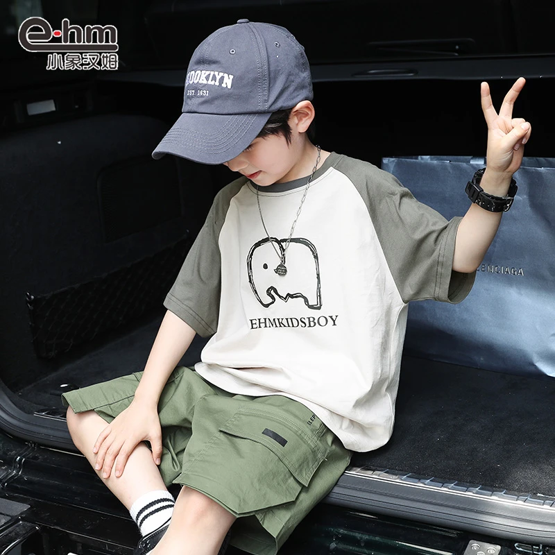 LH2067 小象汉姆童装男童短袖T恤插肩袖儿童半袖拼接款夏装纯棉潮