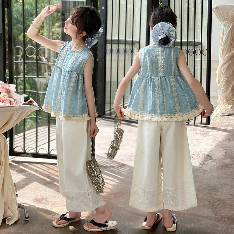 女童套装夏装2025新款中大儿童夏季洋气无袖衬衫七分阔腿裤两件套