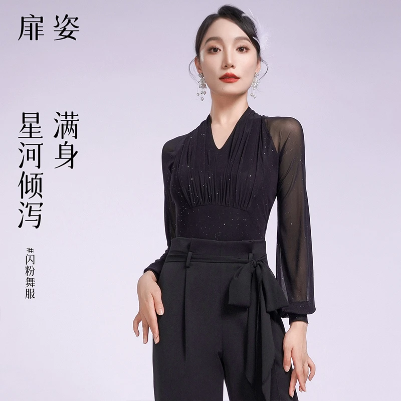 扉姿 摩登舞上衣女新款高级蕾丝烫钻国标舞服装洋气跳舞衣服F1348