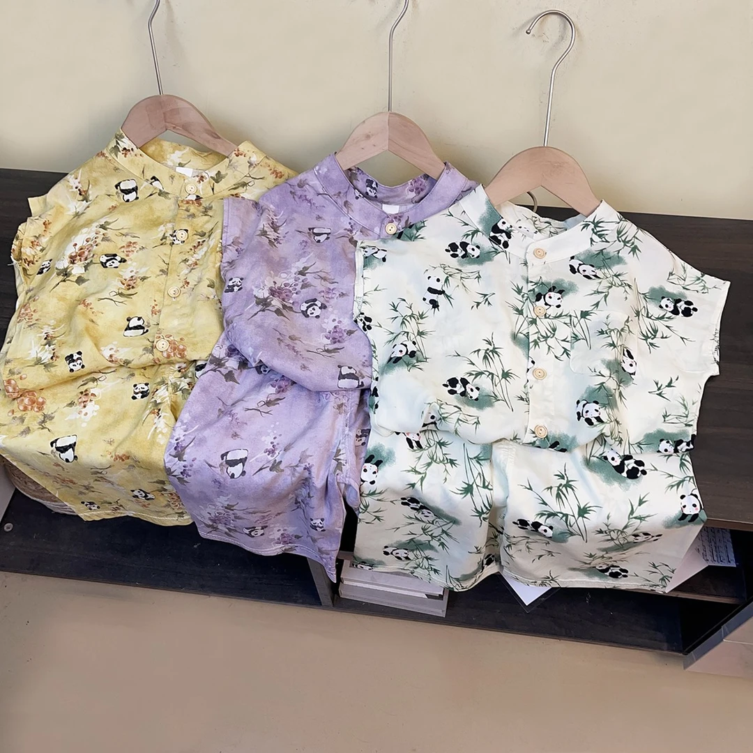 儿童棉绸七分裤套装山东人造棉男女童家居外穿两用装宝宝夏装凉快