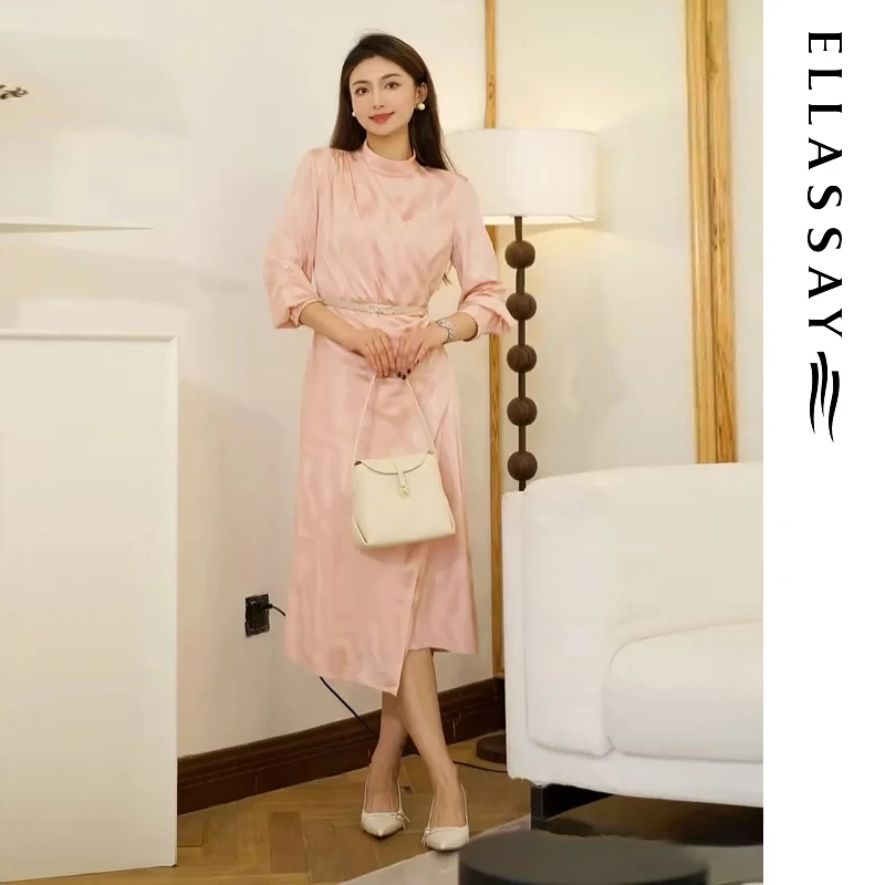 ELLASSAY歌力思秋新款腰部捏褶优雅气质长袖连衣裙EWF353Y10100